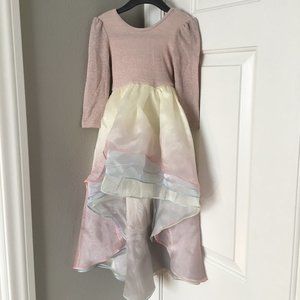 Pleiades long sleeve sparkly pink knit top with pastel colored layered organza
